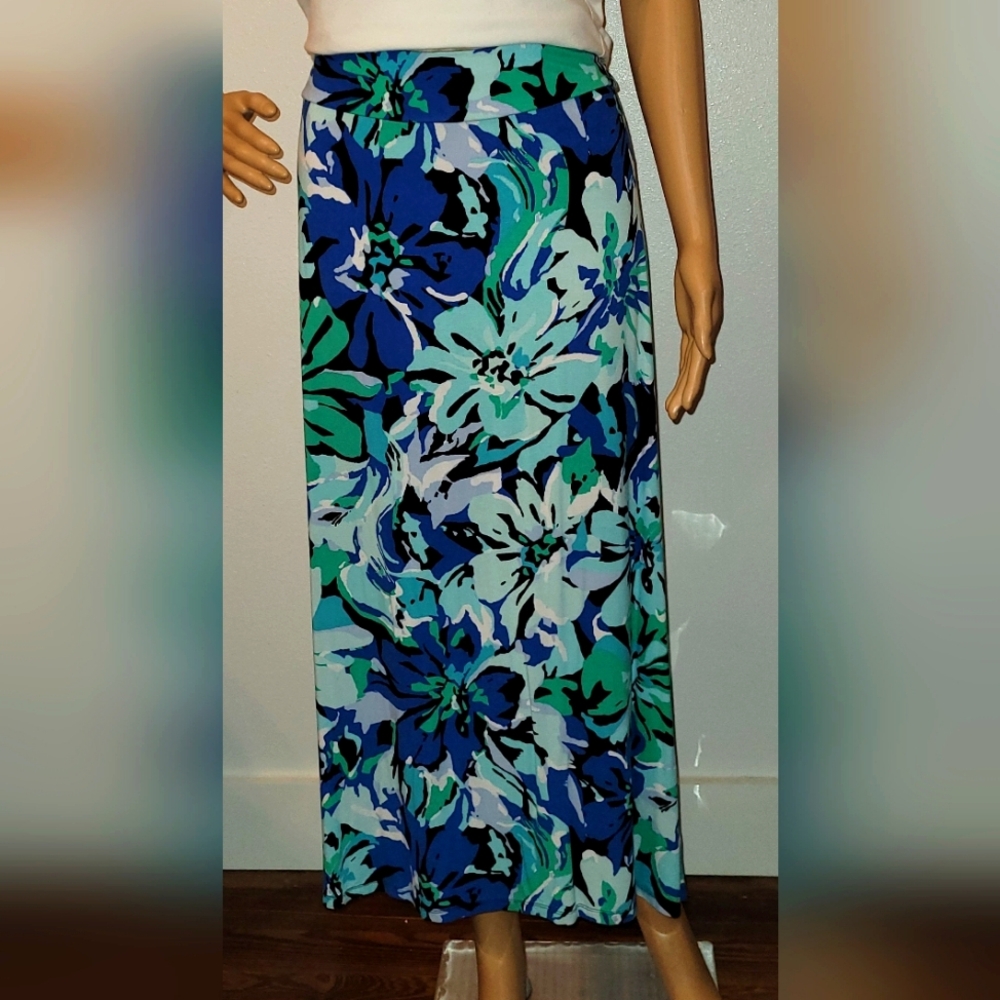 Liz Claiborne Casual Blue and Green Floral A-Line Maxi Skirt PM